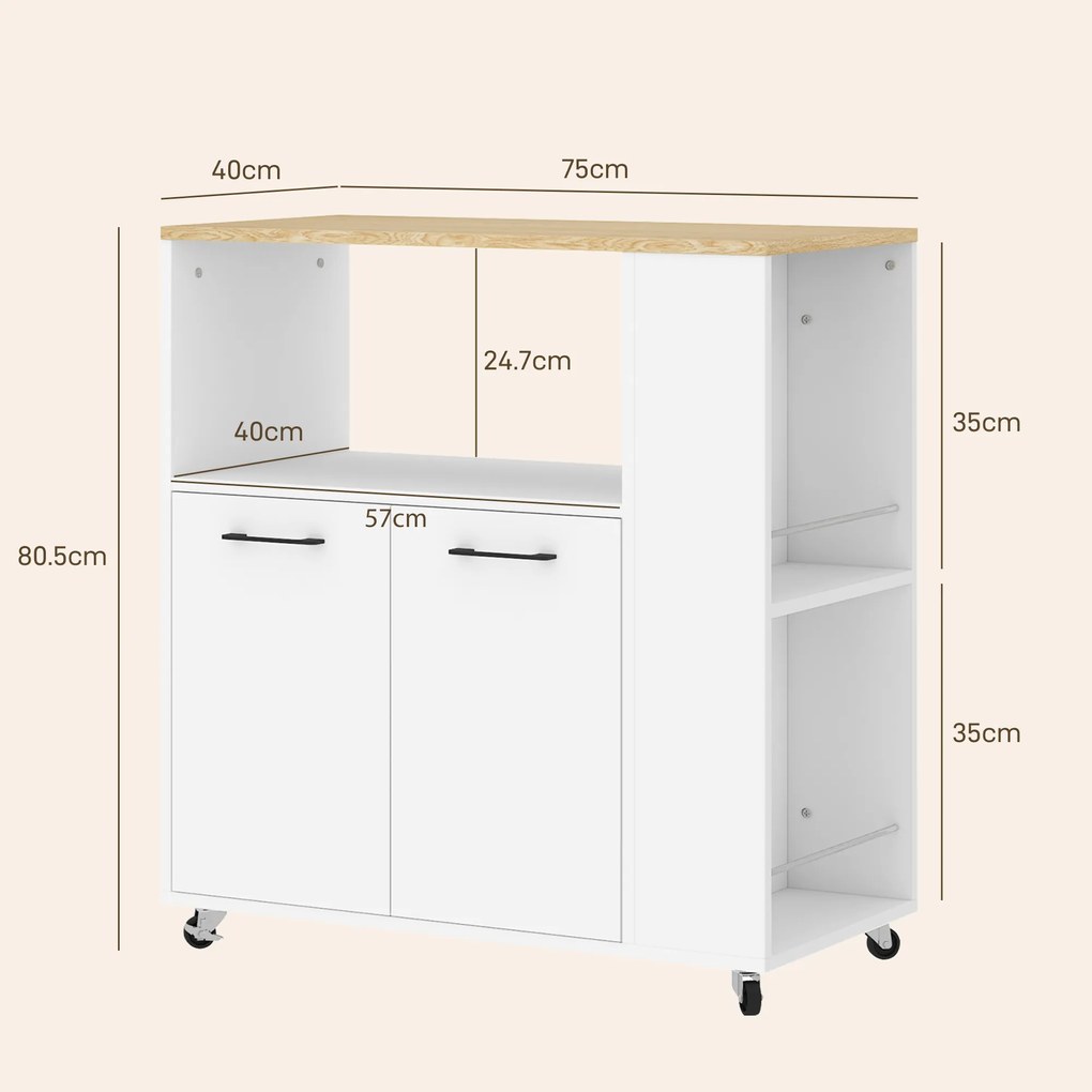 HOMCOM Cărucior de Bucătărie cu Raft Deschis, Dulăpior cu 2 Uși și Raft Lateral pe 2 Niveluri, 75x40x80,5 cm, Alb | Aosom Romania
