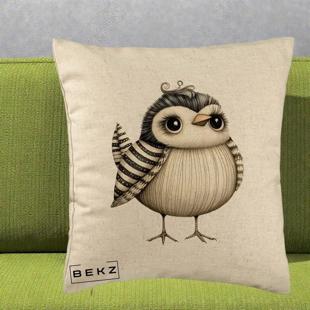 Perna Decorativa Pui Elegant Alb-Negru, 40x40 cm, Bej, Husa Detasabila, Perna Inclusa, BEKZ®