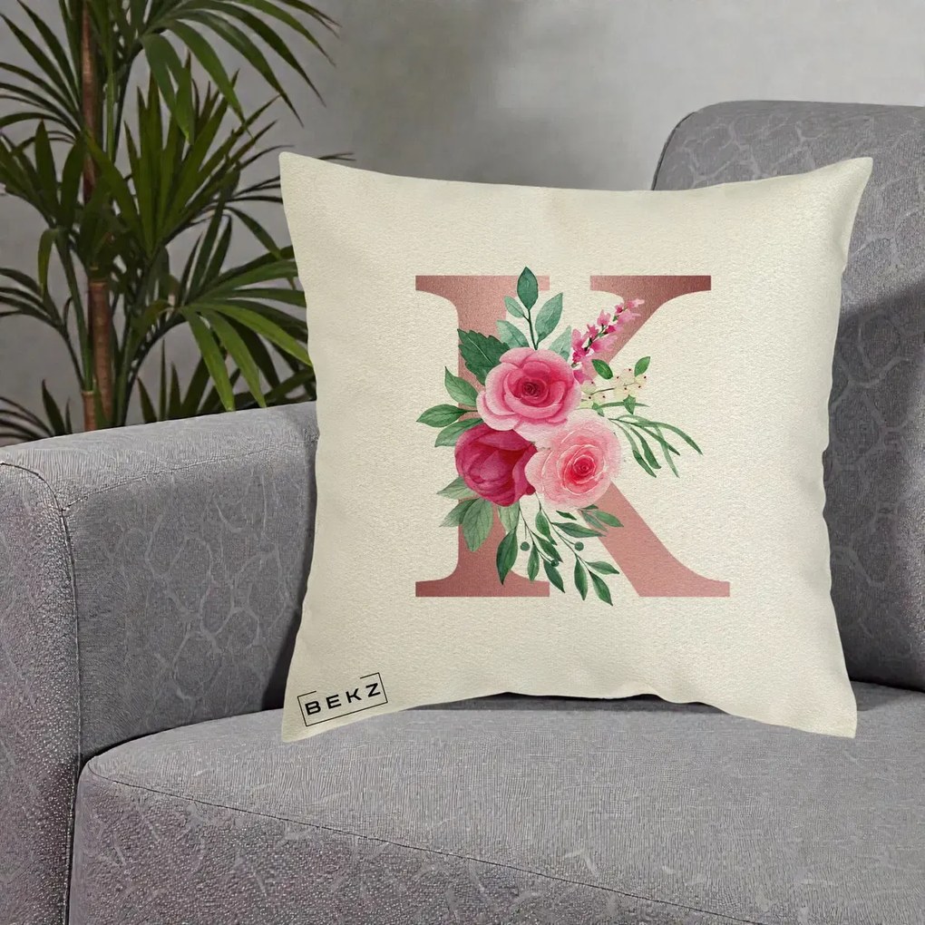 Cadou Personalizat - Perna Personalizata Monograma Rose Gold Litera K, 40x40 cm, Ecru, Husa Detasabila, Perna Inclusa, BEKZ®