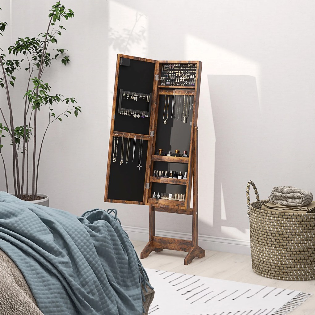 HOMCOM Dulap pentru Bijuterii cu Oglindă Reglabilă și Lumini LED 36x30x136 cm Maro Rustic | Aosom Romania