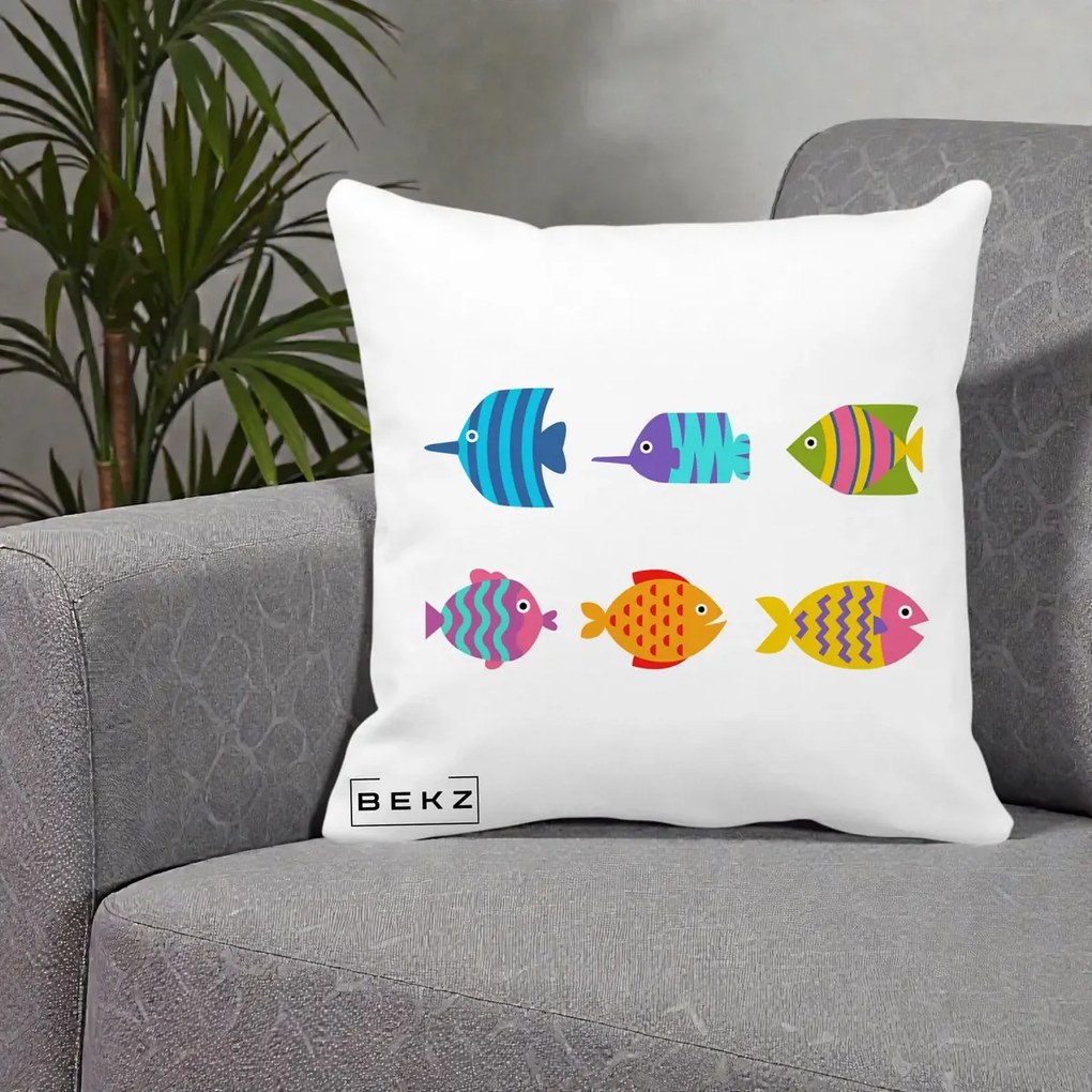 Perna Decorativa Pesti Colorati Cartoon, 40x40 cm, Alba Mata, Husa Detasabila, Perna Inclusa, BEKZ®