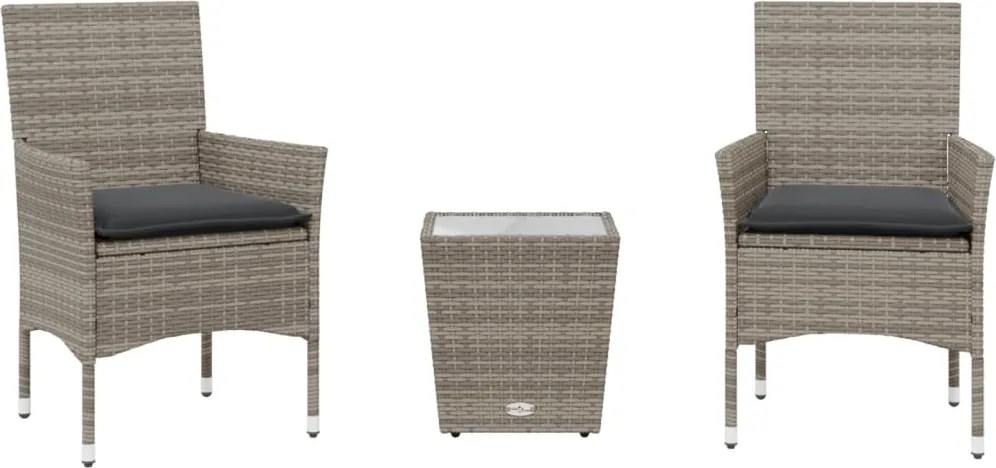 vidaXL Set bistro cu perne, 3 piese, gri, poliratan și sticlă