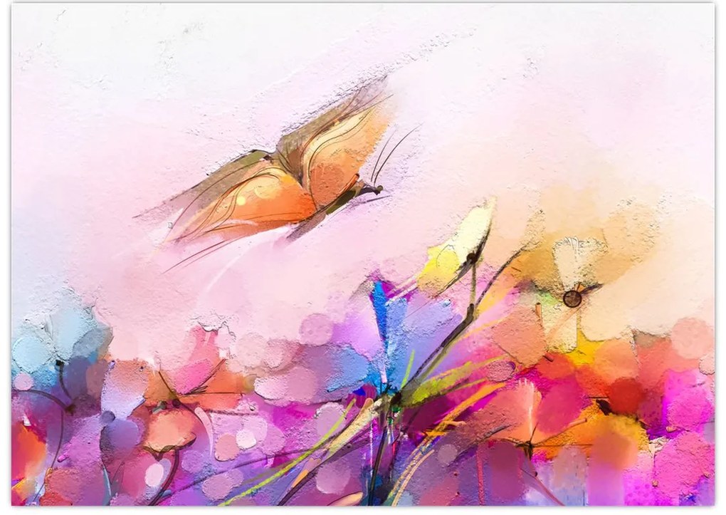 Tablou pe sticlă - Fluture asupra florilor, abstracție (70x50 cm)