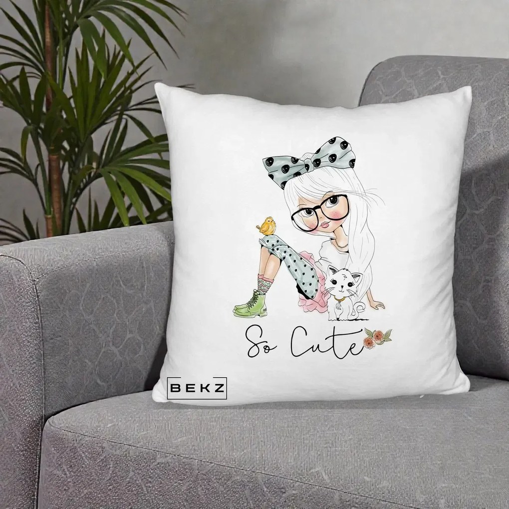 Perna Decorativa So Cute Fata Fashion, 40x40 cm, Alb Pufos, Husa Detasabila, Perna Inclusa, BEKZ®