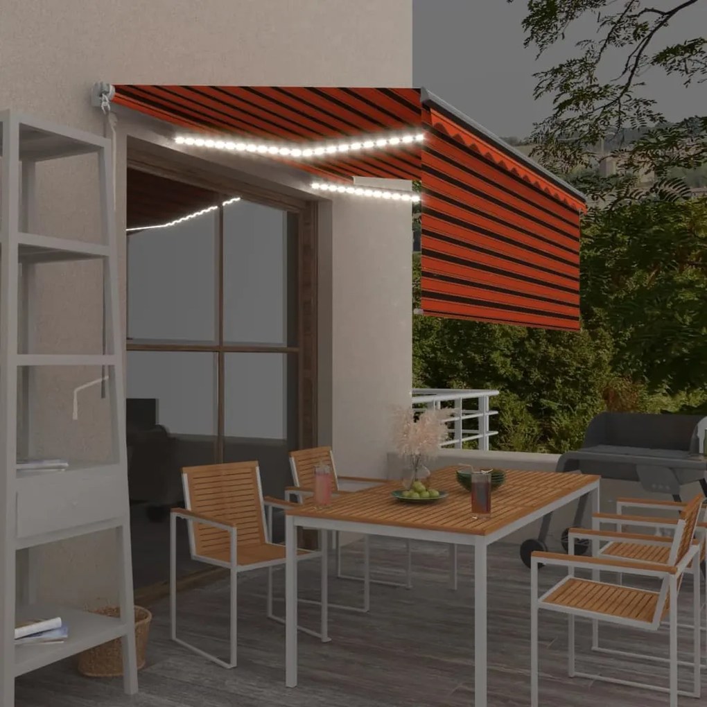 vidaXL Copertină retractabilă manual stor&amp;LED portocaliu&amp;maro 3x2,5 m