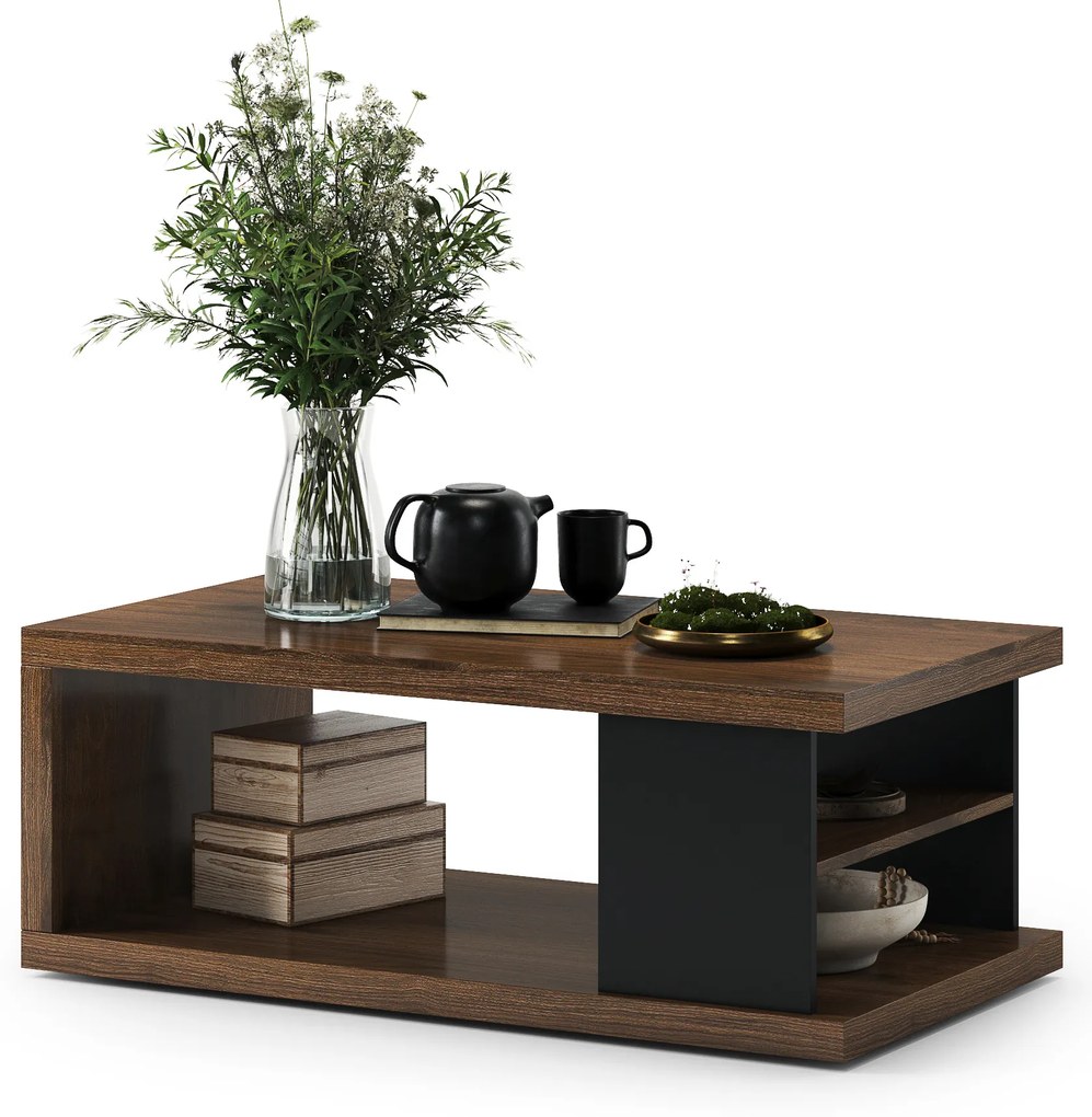 Mazzoni Măsuță LANA S-110 Nuc Elegant / Negru - MĂSUȚĂ DE CAFEA CU RAFT