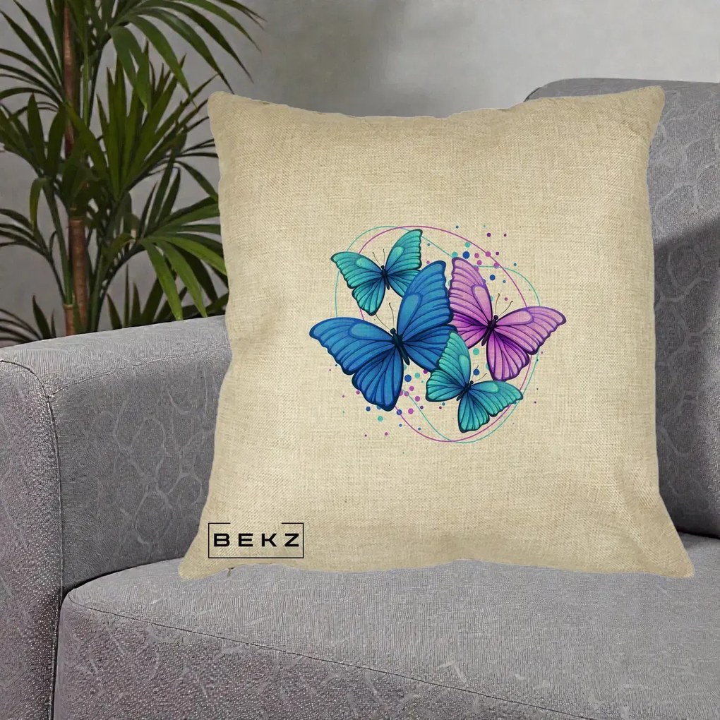 Perna Decorativa Patru Fluturi Turcoaz-Violet, 40x40 cm, Crem, Husa Detasabila, Perna Inclusa, BEKZ®