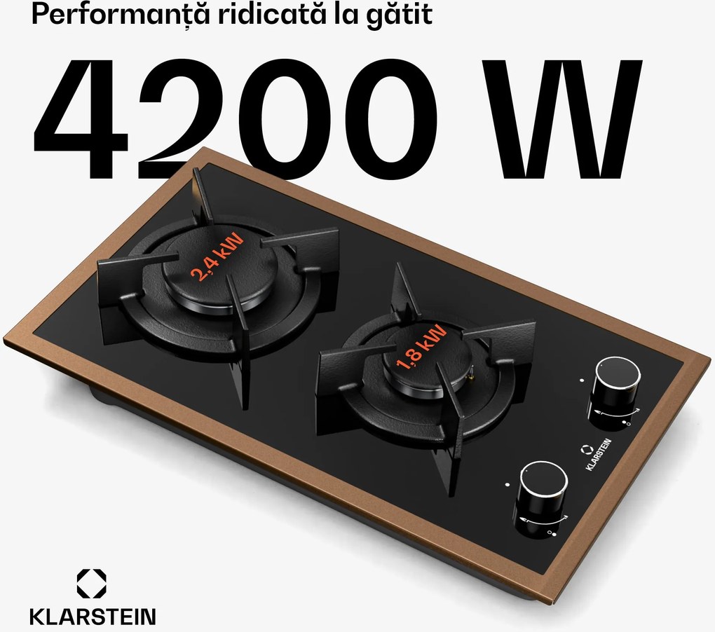 Klarstein Plită pe gaz Lumiflame, 2 arzătoare, cadru din cupru, aprindere electrică, 4,2 kW