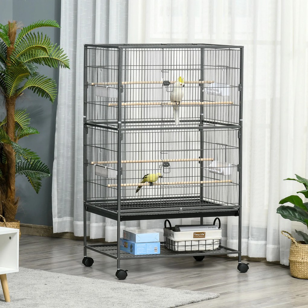 Cusca papagali de Interior din Otel si Lemn cu Tavă Detasabila, 4 Roți, Recipient pentru Alimente 78x52x132cm, Gri Inchis PawHut | Aosom Romania