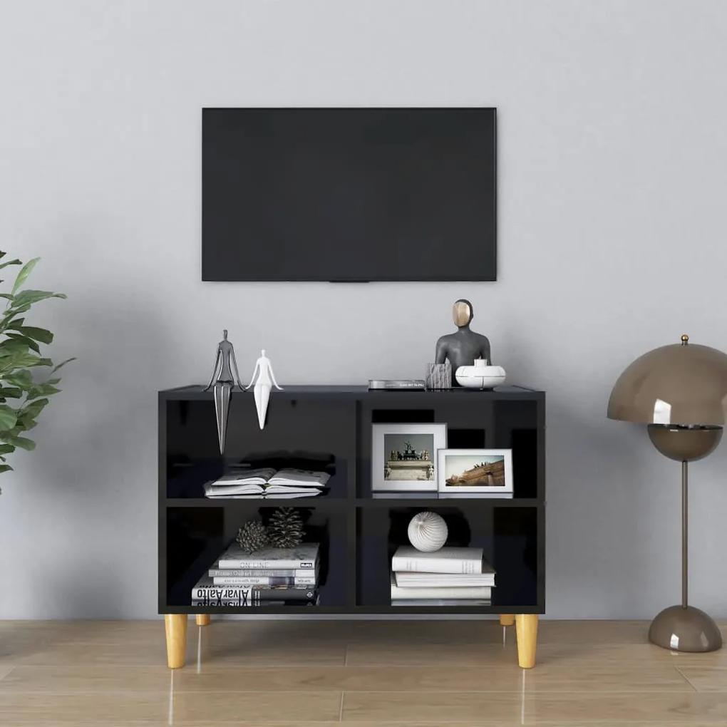 Comoda TV, picioare lemn masiv, negru extralucios 69,5x30x50 cm