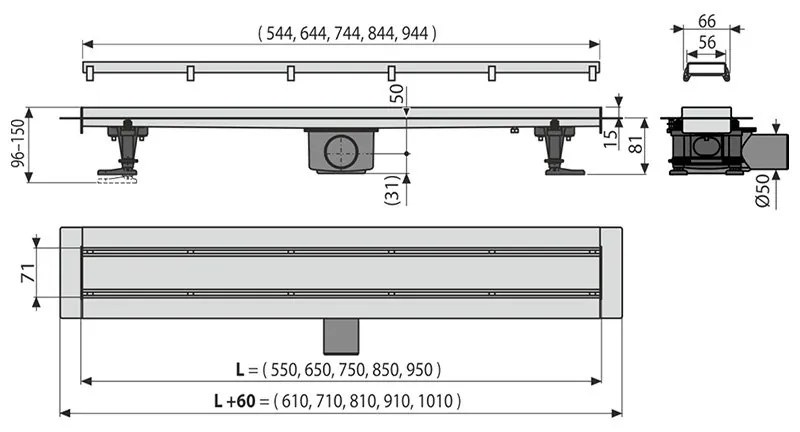 Set rigola de dus cu capac faiantabil, Alcadrain, APZ13-DOUBLE9 FIT AND GO, 75 cm