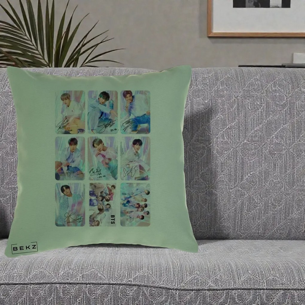 Perna Personalizata K-pop BTS Colaj 9 Fotografii Autografe Individual, 40x40 cm, Verde, Husa Detasabila, Perna Inclusa, BEKZ®