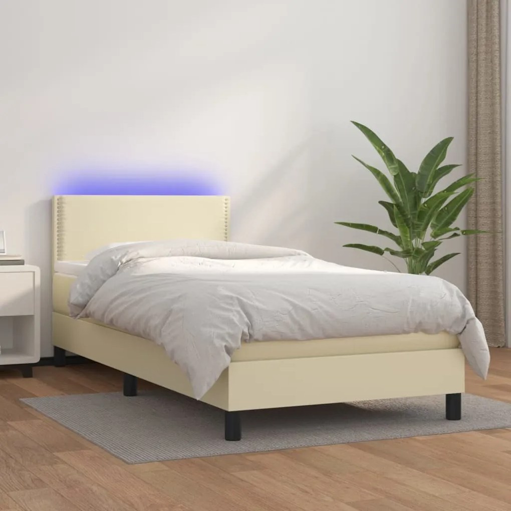3134131 vidaXL Pat continental cu saltea și LED, crem, 80x200 cm, piele eco
