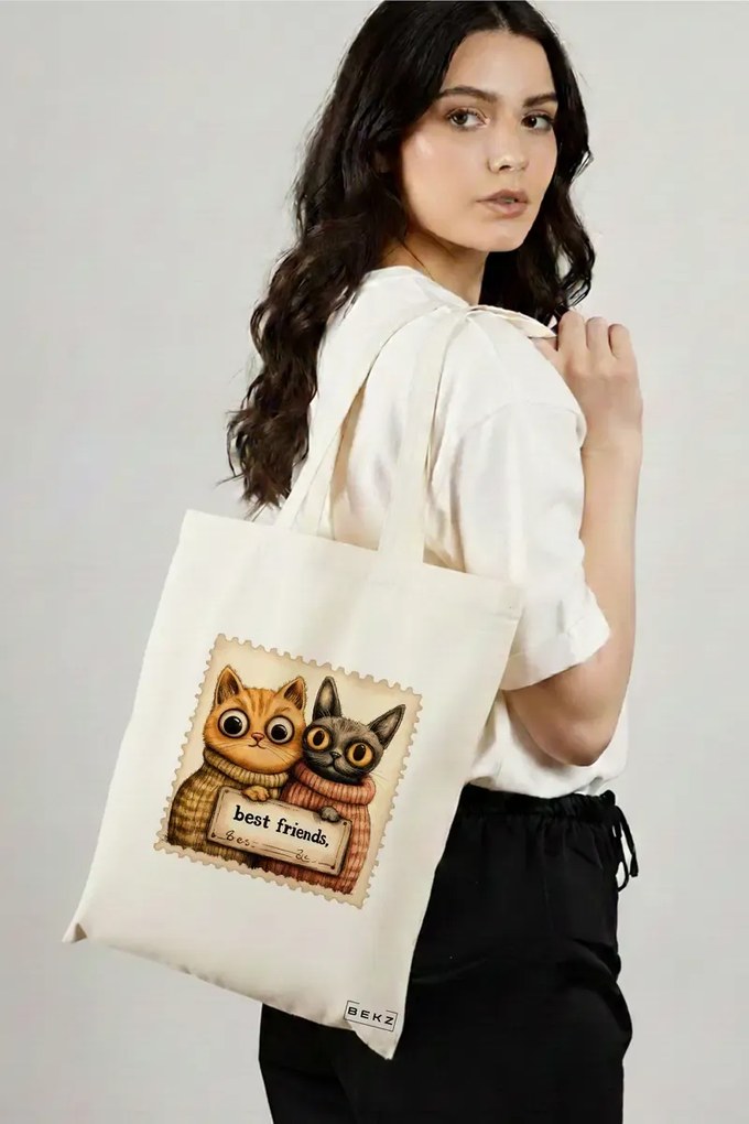 Sacosa de Panza pentru Cumparaturi, Geanta Tote, model Best friends Cats 38 x 34.5 cm, Alba, BEKZ®