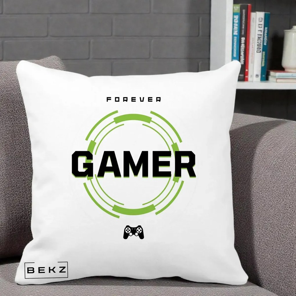 Perna Personalizata Forever Gamer, 40x40 cm, Alba Mata, Husa Detasabila, Perna Inclusa, BEKZ®