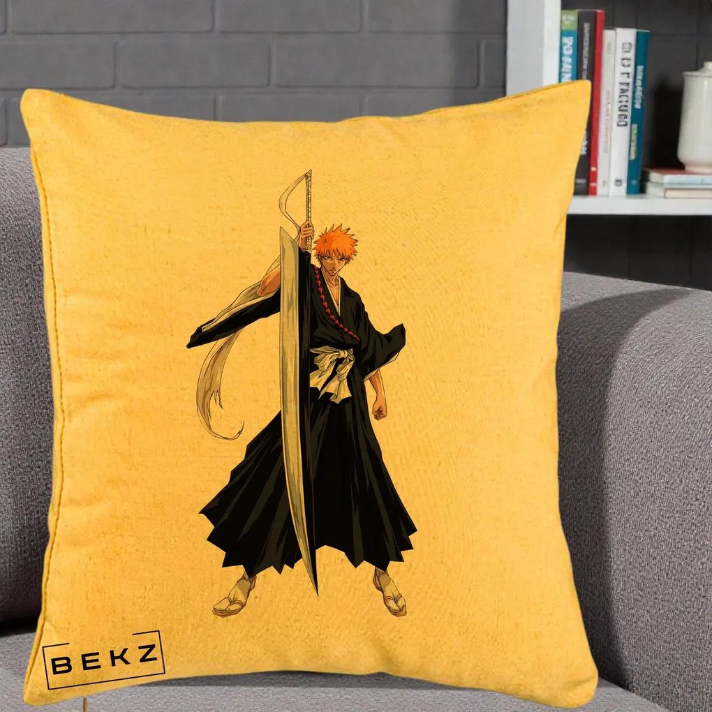 Perna Personalizata Bleach Ichigo Kurosaki Zangetsu, 40x40 cm, Galben, Husa Detasabila, Perna Inclusa, BEKZ®