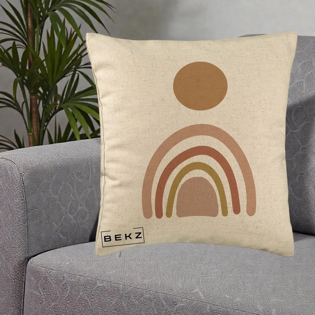 Perna Decorativa Boho Rainbow Sun, 40x40 cm, Bej, Husa Detasabila, Perna Inclusa, BEKZ®