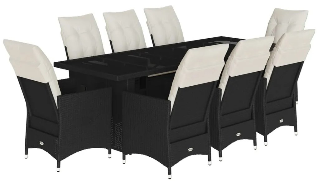 3277234 vidaXL Set bistro de grădină, 9 piese, cu perne, negru, poliratan