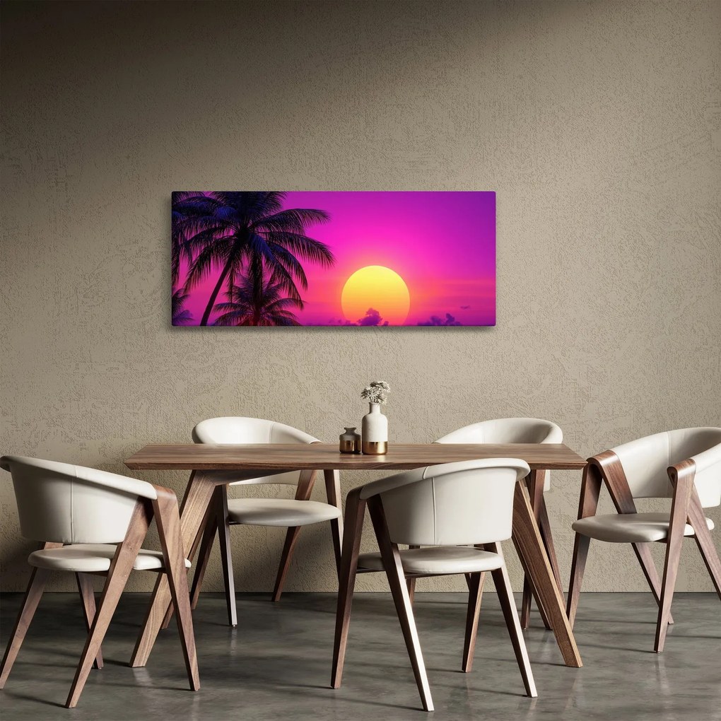 Tablou - Apus violet cu palmier (120x50 cm)