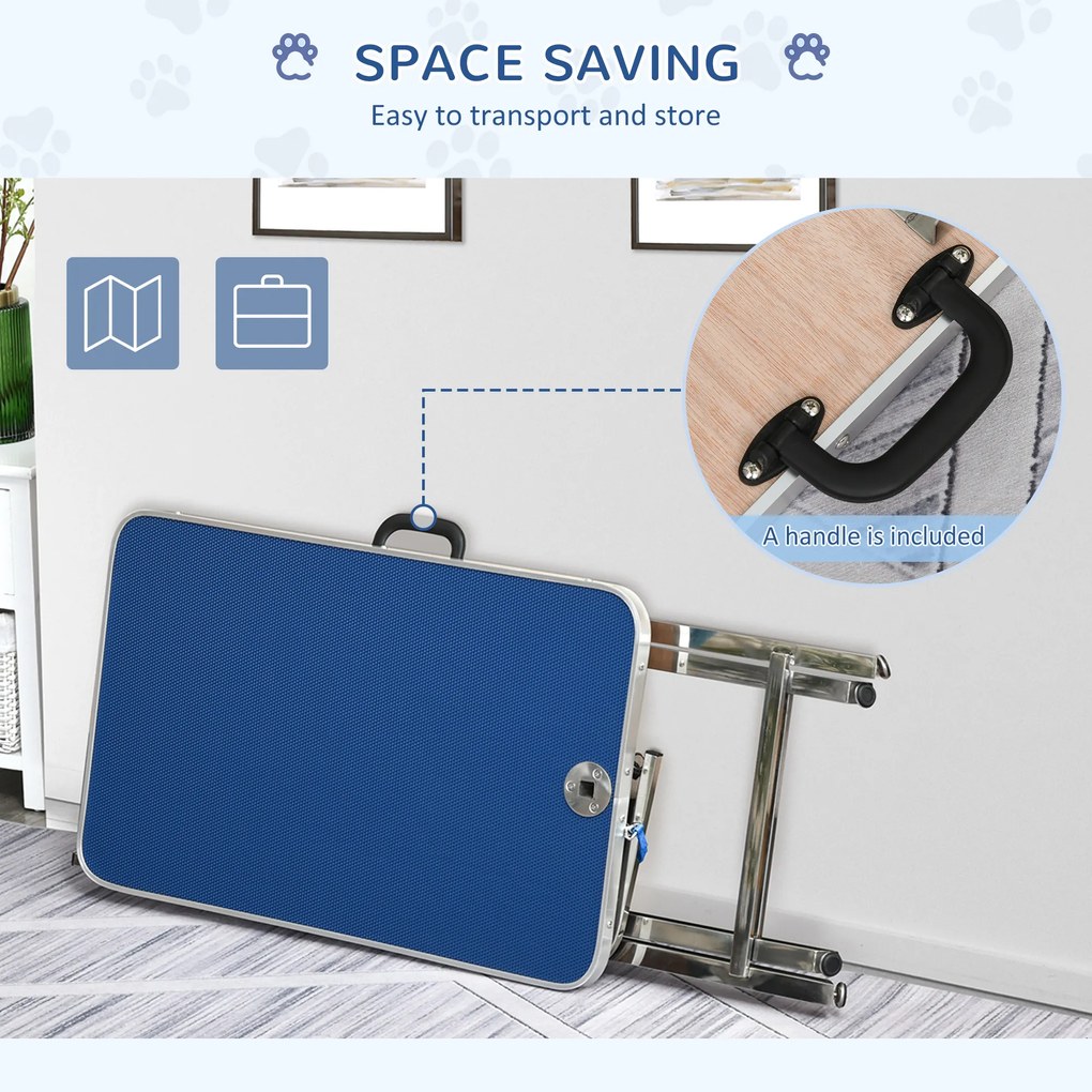 PawHut Masa de Toaleta Pliabila cu Maner Integrat, Brat Reglabil si Lesa, 70x45x74-81cm, Albastra | Aosom Romania