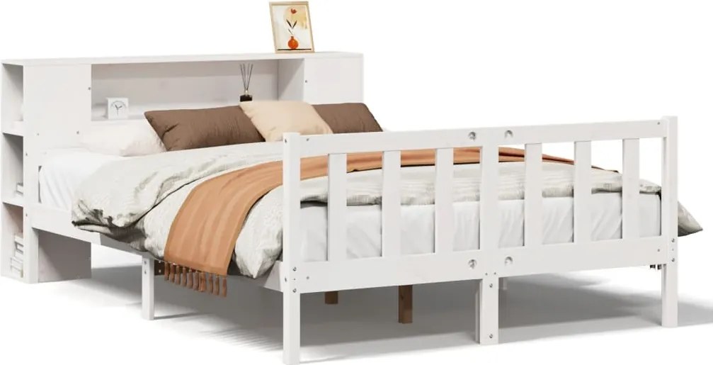 vidaXL Pat cu bibliotecă fără saltea, alb, 150x200 cm, lemn masiv pin