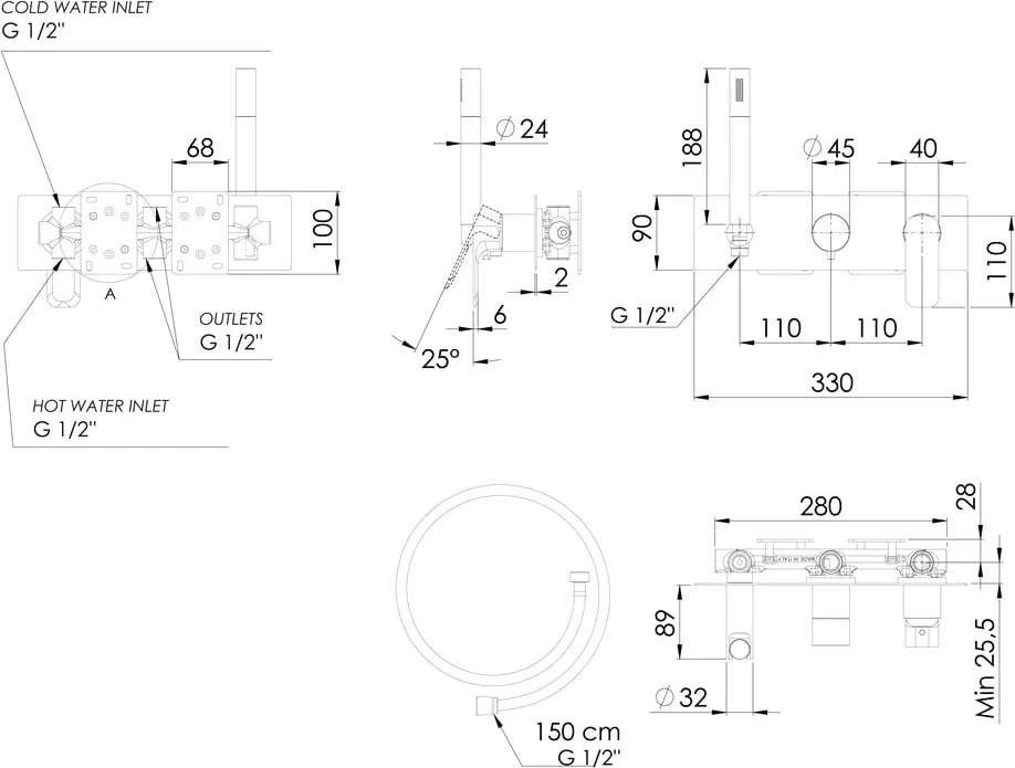 Baterie negru-mat pentru duș încastrată (3 ieșiri) Spy – Sapho