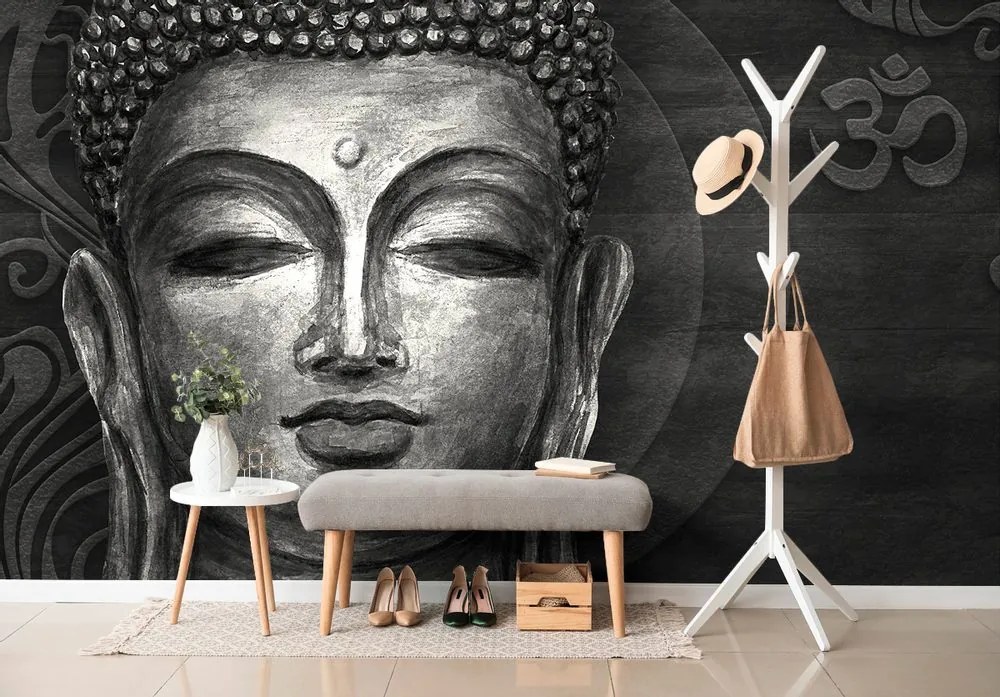 Tapet fața lui Buddha în design alb-negru