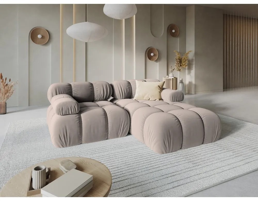 Colțar modular maro deschis cu tapițerie din catifea (cu colț pe partea dreaptă) Bellis – Micadoni