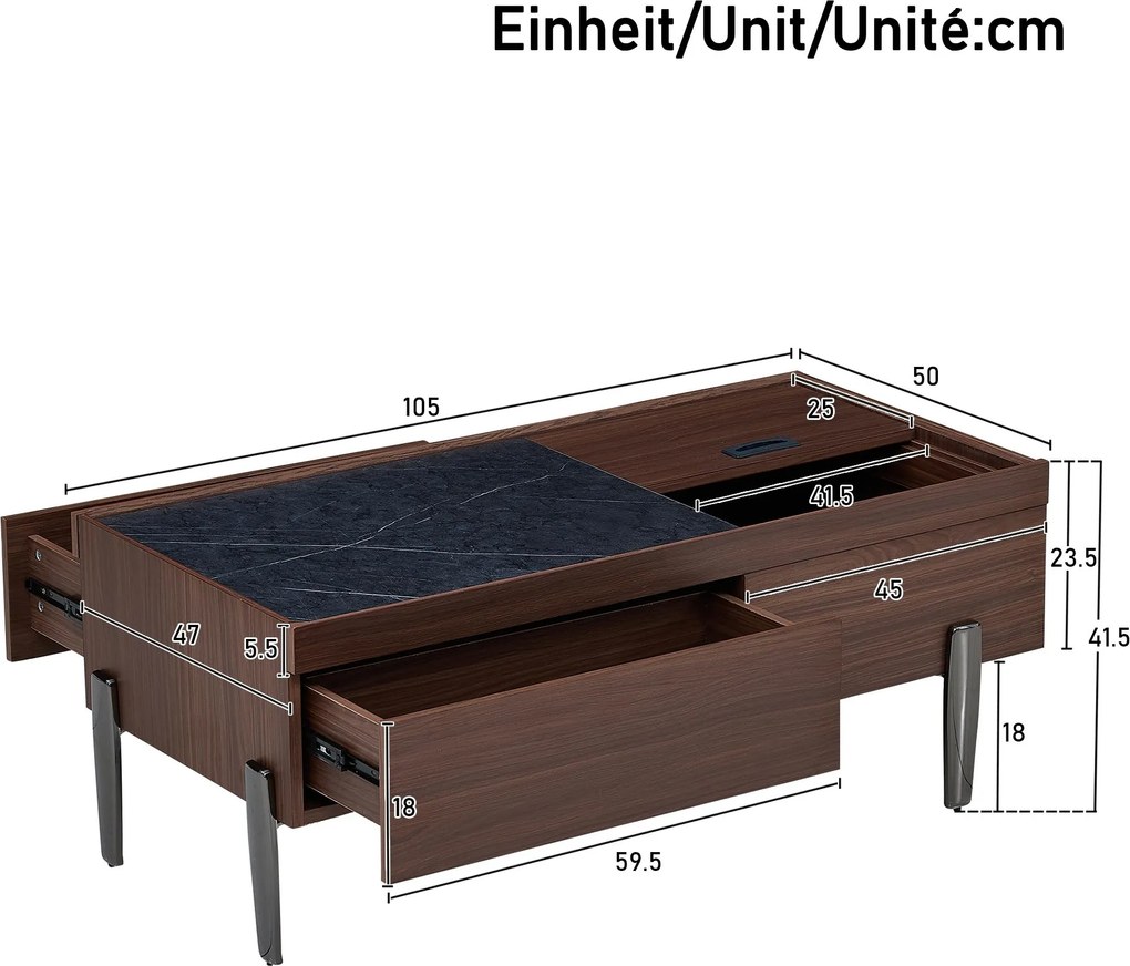 Masă de cafea modernă cu sertare și capac glisant, mult spațiu de depozitare, 105x50x41,5 cm, Maro