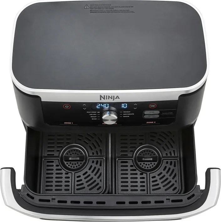 La mâna a doua: Friteuza dubla cu aer cald Ninja AF500EU, 10.4 L, 7 programe, Timer, Zone independente, Negru/Inox