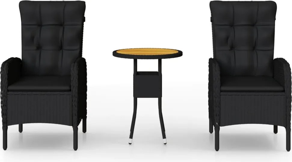 vidaXL Set bistro de grădină, 3 piese, negru, poliratan