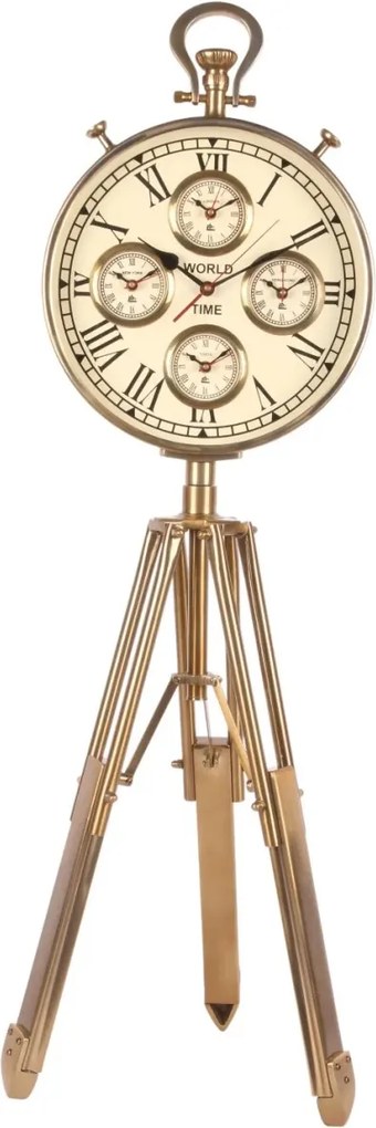 Ceas de podea din aluminiu și oțel, auriu, cu 4 fusuri orare și trepied, în formă de ceas de buzunar, 100 x 40 x 33 cm, „Longitude”