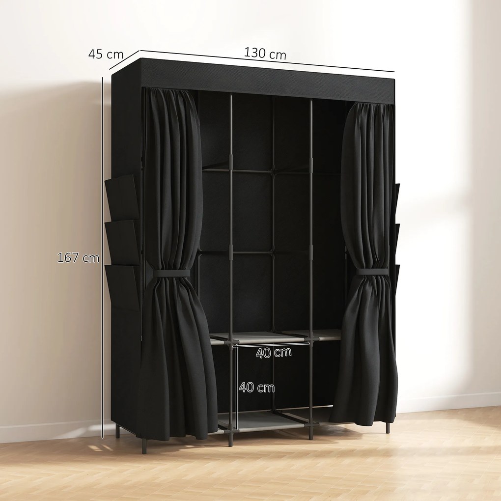 HOMCOM Garderobă Textilă cu 3 Bare și 3 Rafturi, Oțel și Material Netesut, 130 x 45 x 167 Cm, Negru | Aosom Romania