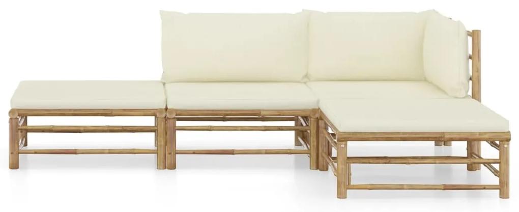 Set mobilier de gradina, cu perne alb crem, 4 piese, bambus