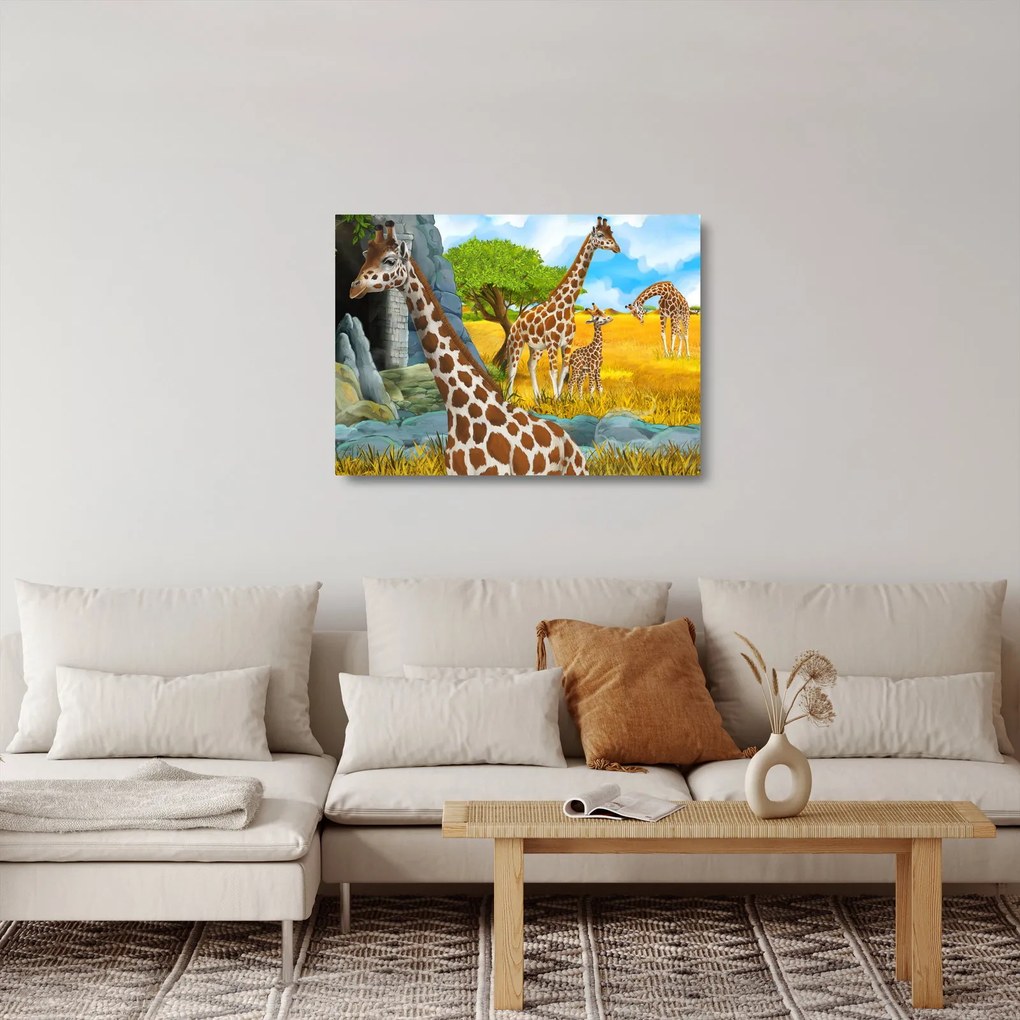 Tablou pe sticlă - Familia girafelor (70x50 cm)