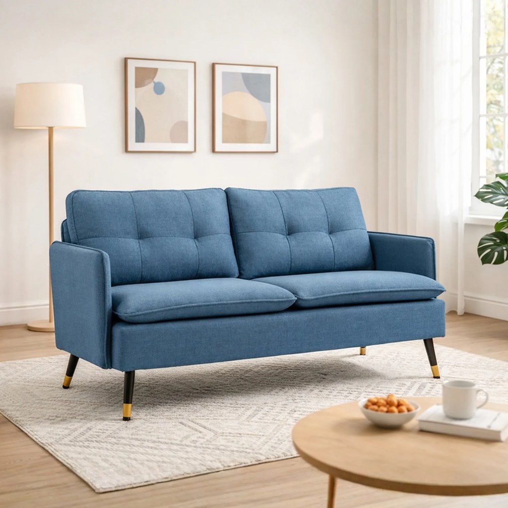 Canapele HOMCOM cu 2 locuri din tesatura cu buton cu perne, albastru inchis | Aosom Romania