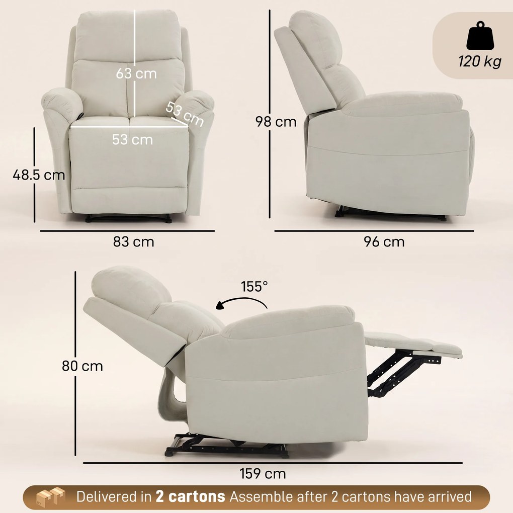 HOMCOM Fotoliu Reclinabil Manual Compact cu Suport pentru Picioare, Catifea Crem | Aosom Romania