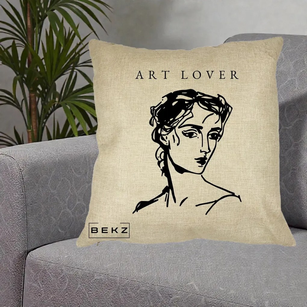 Perna Decorativa Art Lover Portret Grafic, 40x40 cm, Crem, Husa Detasabila, Perna Inclusa, BEKZ®