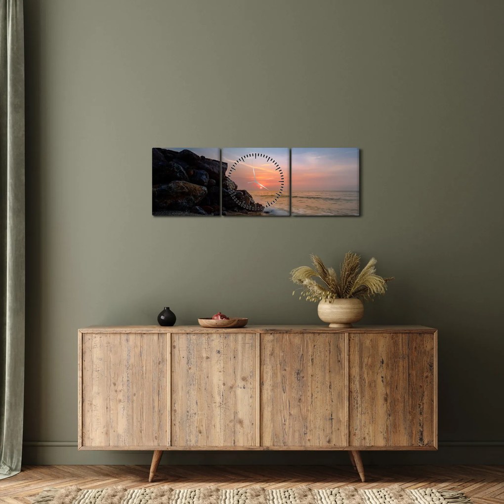 Tablou apusului de soare pe plajă (cu ceas) (90x30 cm)