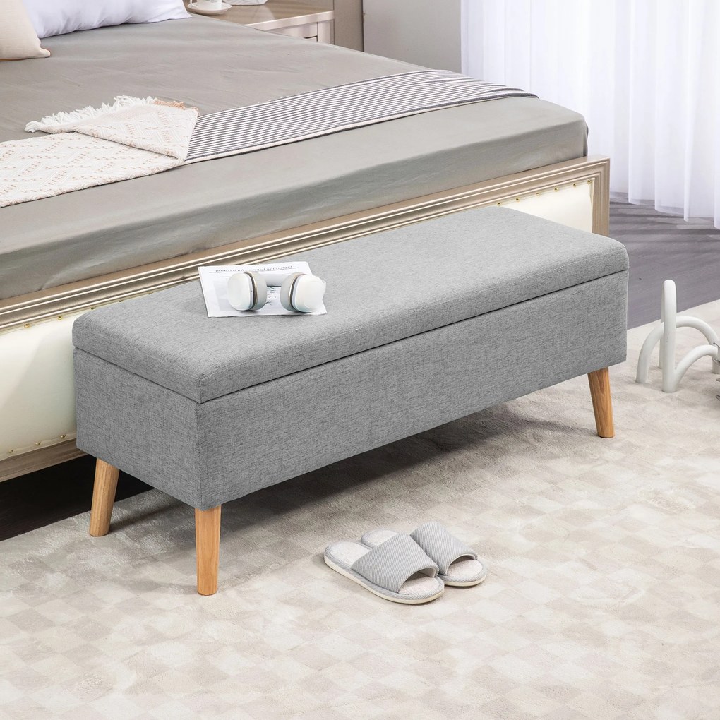 HOMCOM băncuță tapițată cu spațiu de depozitare, material textil tip in, picioare de lemn, capacitate 220 kg, 110x39x45 cm, gri | Aosom Romania