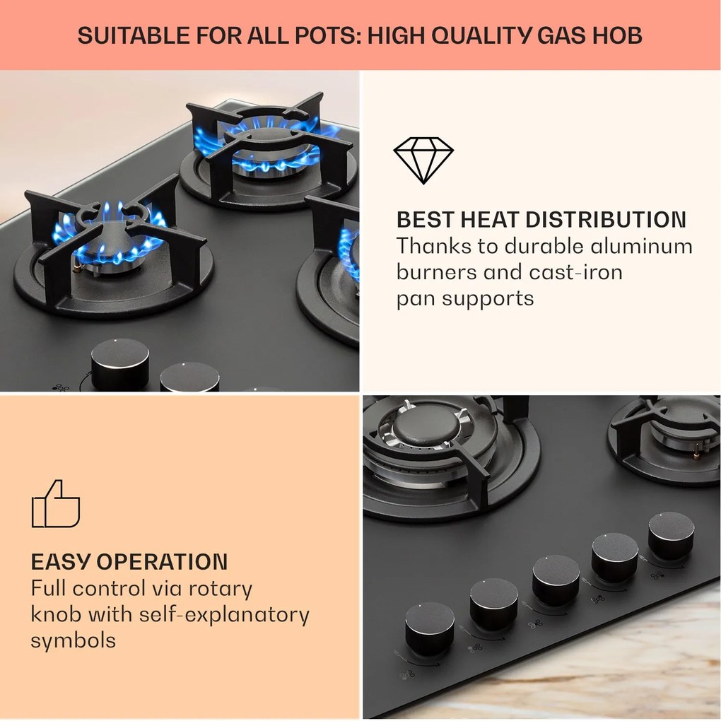 Firetale, plită cu gaz, 5 arzătoare, 70 cm, arzătoare din aluminiu, inclusiv furtun și reductor de presiune