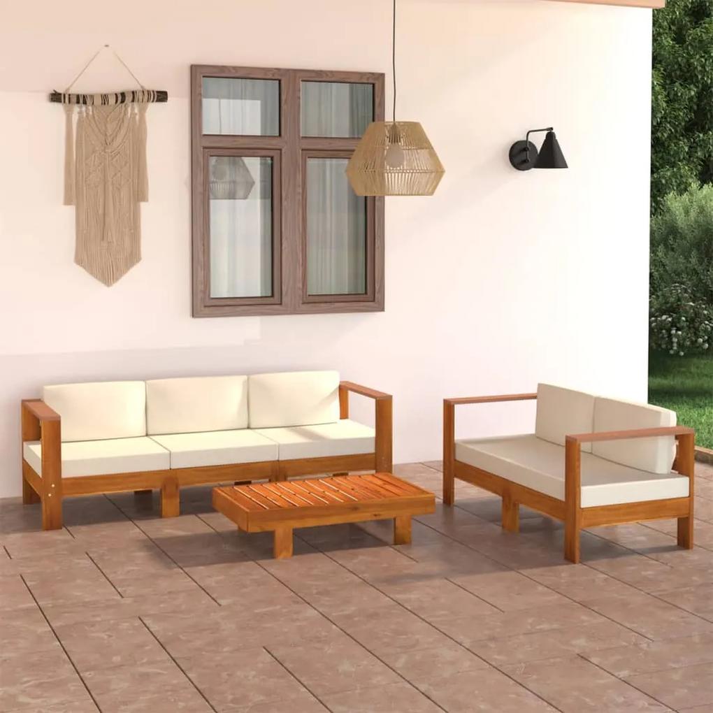 Set mobilier gradina perne alb crem, 5 piese, lemn masiv acacia Crem, 3x mijloc + banca + masa, 1