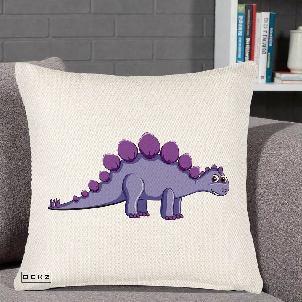 Perna Personalizata Stegozaur Mov, 40x40 cm, Crem Reliefat, Husa Detasabila, Perna Inclusa, BEKZ®