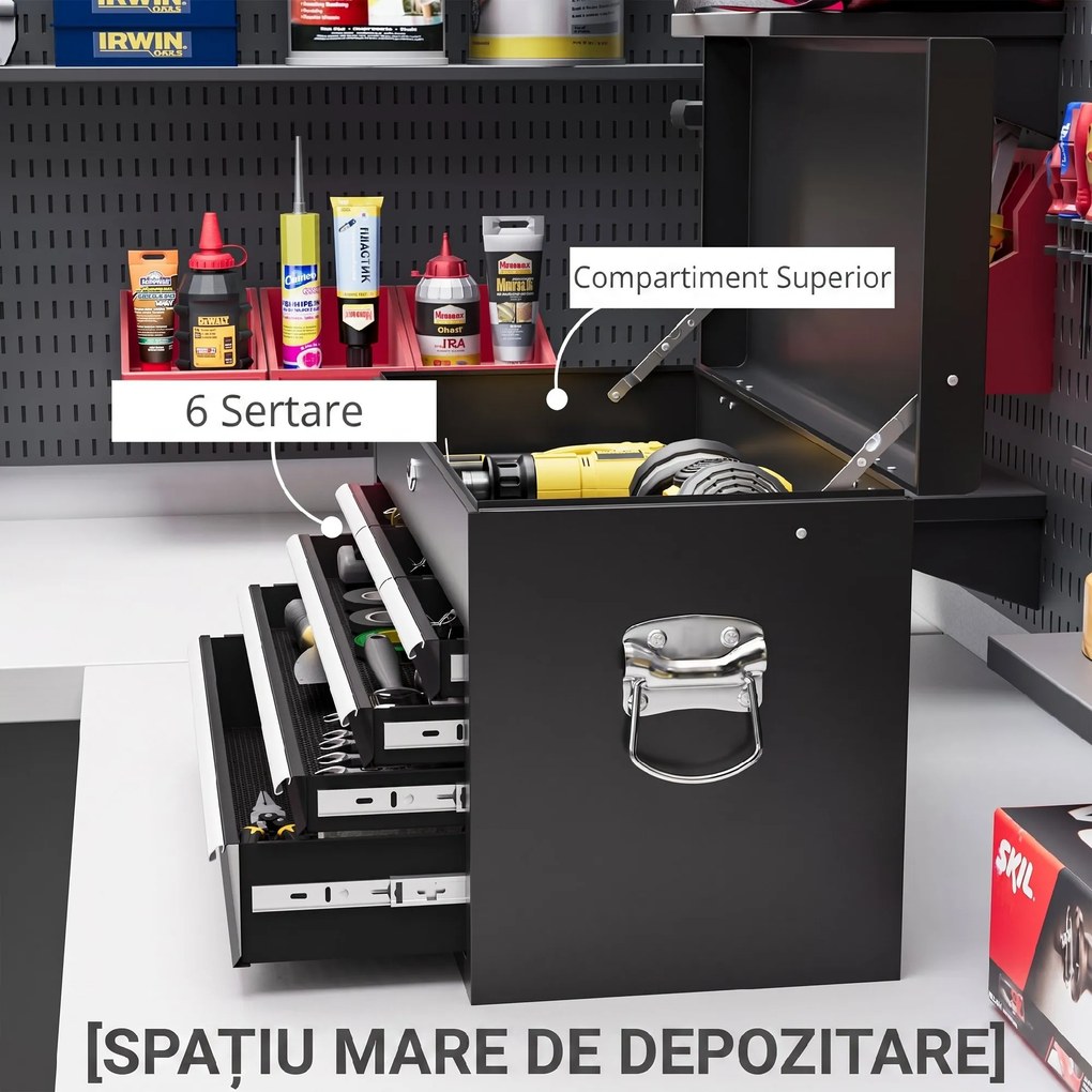 HOMCOM Comodă pentru Scule Portabilă, Cutie Metalică cu Carcasă Superioară și Glisiere pe Rulmenți cu Bile, 60x26x34 cm, Negru | Aosom Romania