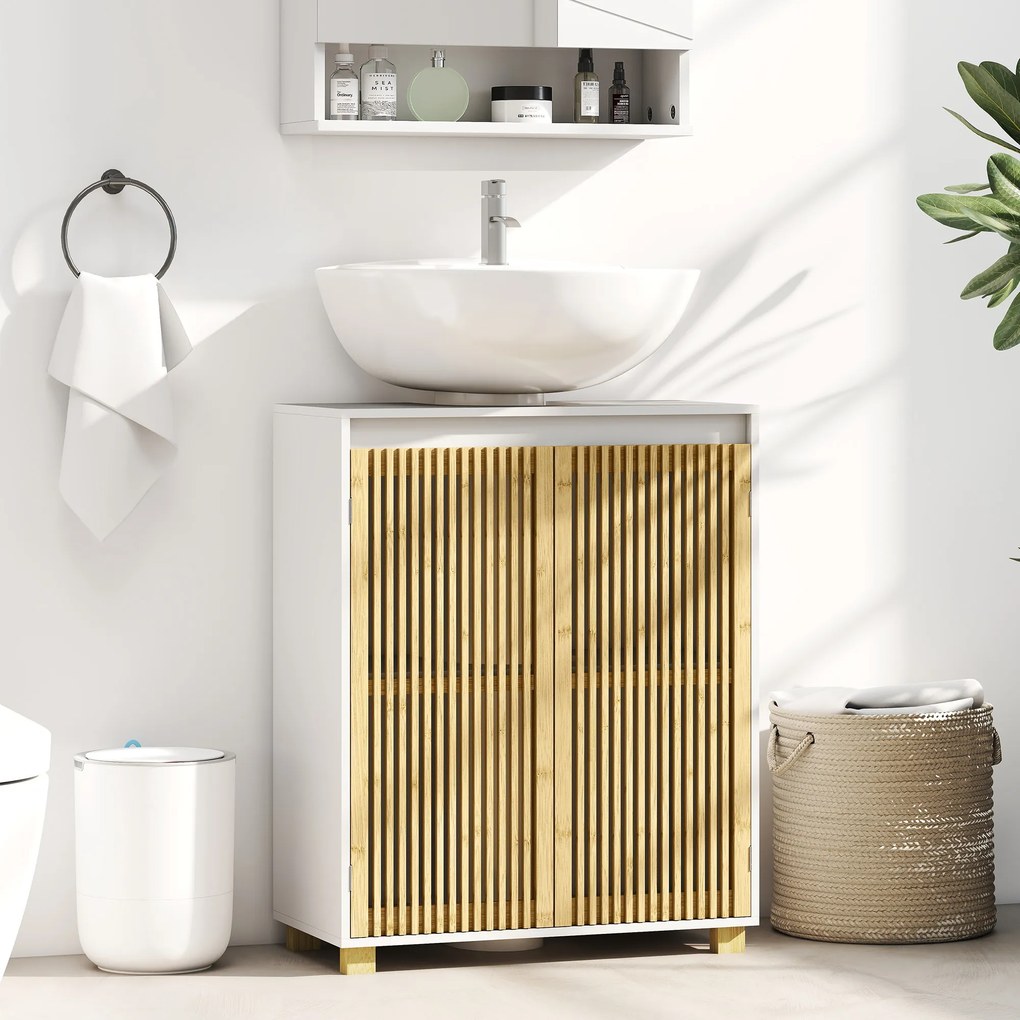 HOMCOM Mobilier sub chiuvetă baie, dulap cu uși jituite din bambus, 60 x 30 x 75 cm, efect lemn natural | Aosom Romania