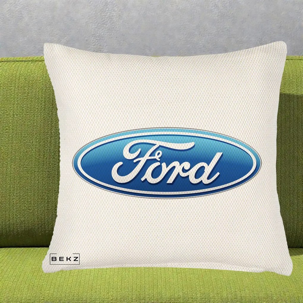 Perna Personalizata cu emblema Ford, 40x40 cm, Crem Reliefat, Husa Detasabila, Perna Inclusa, BEKZ®