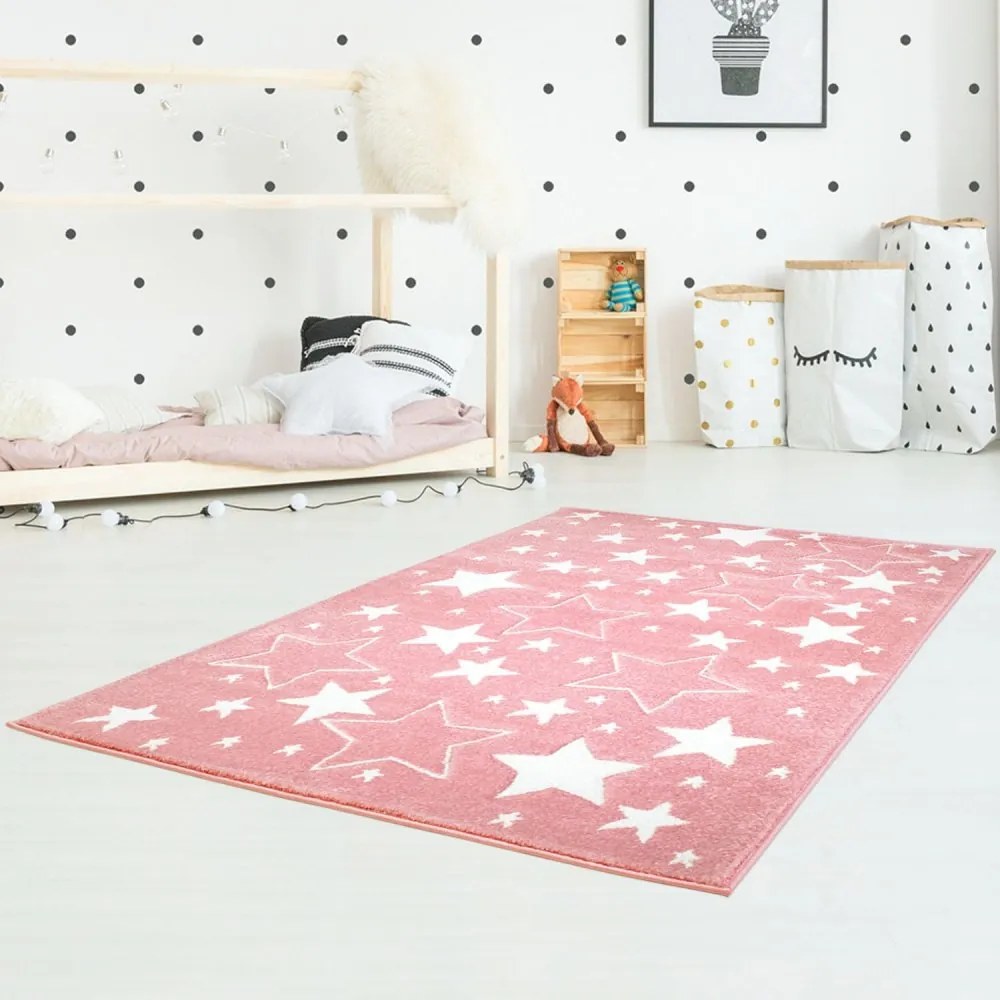 Covor roz pentru copii, pentru joaca cu stelele Lăţime: 120 cm | Lungime: 170 cm