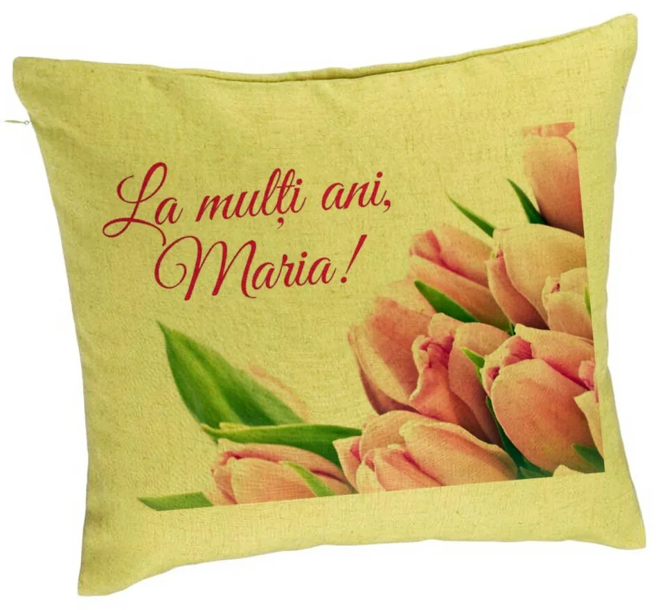 Perna Decorativa, Model La multi ani Maria, 40x40 cm, Verde, Husa Detasabila, Burduf