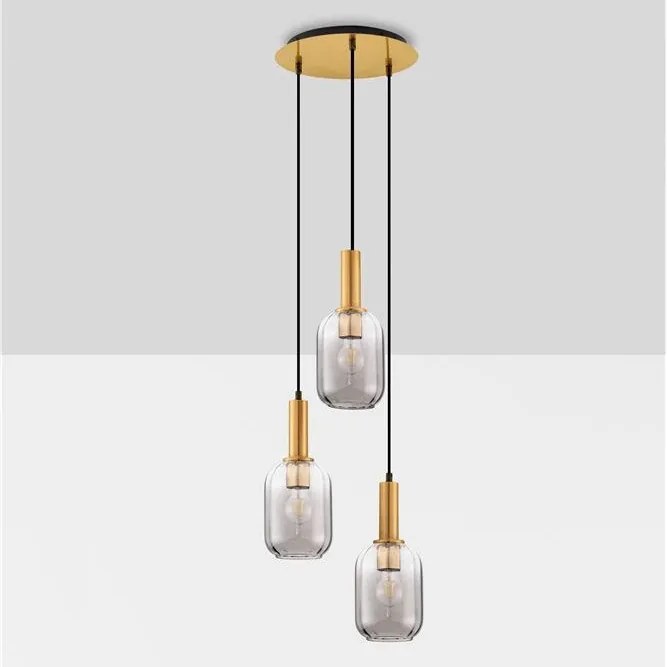 Lustra cu 3 pendule, Metal, Auriu, Sticla, Fumurie, MAHO