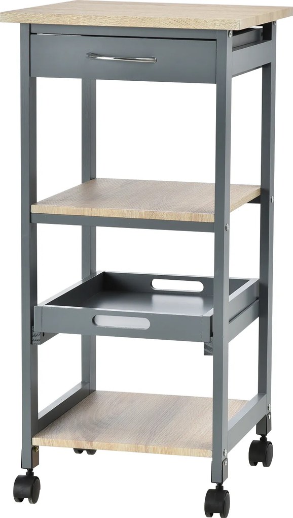 Cărucior de bucătărie Suport pentru alimente cu sertar, 2 rafturi si tavă detașabilă, din lemn 37x37x76cm gri HOMCOM | Aosom Romania